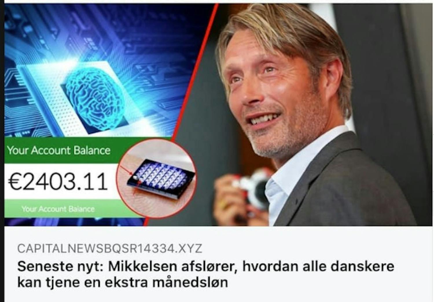 Skuespilleren Mads Mikkelsen bliver udnyttet i falsk Facebook-reklame. Skuespilleren Mads Mikkelsen bliver udnyttet i falsk Facebook-reklame.